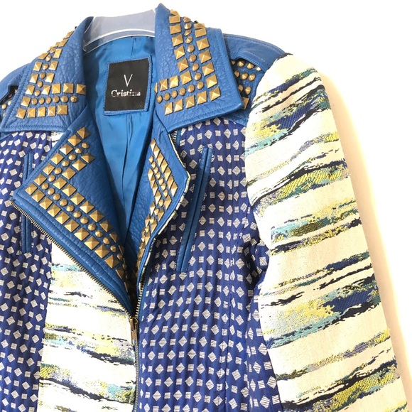 V Cristina Patchwork Studded Blue Moto Jacket Med - Picture 3 of 6